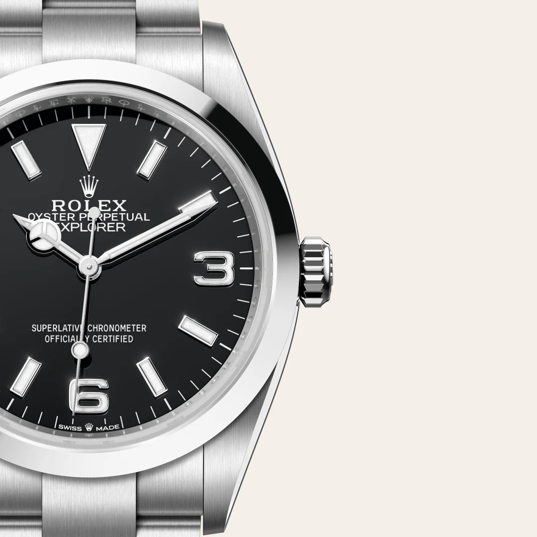 Rolex Explorer 36 in Oystersteel with a Black dial, Smooth bezel, Oyster, three-piece solid links bracelet