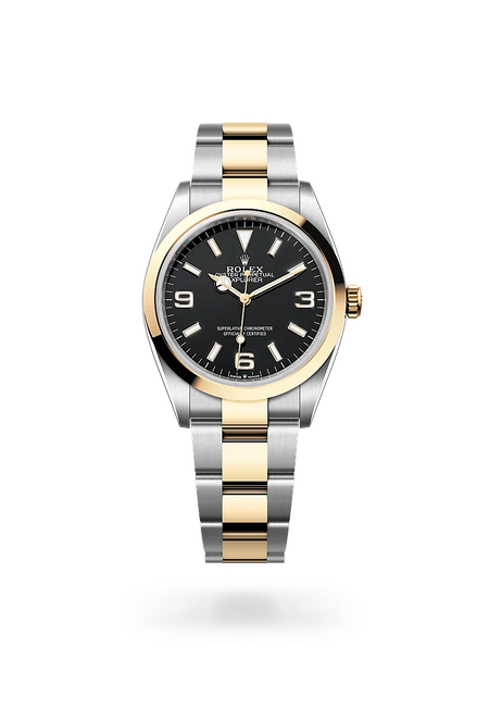 Rolex Explorer 36 in Yellow Rolesor - combination of Oystersteel and yellow gold with a Black dial, Smooth bezel, Oyster, three-piece solid links bracelet