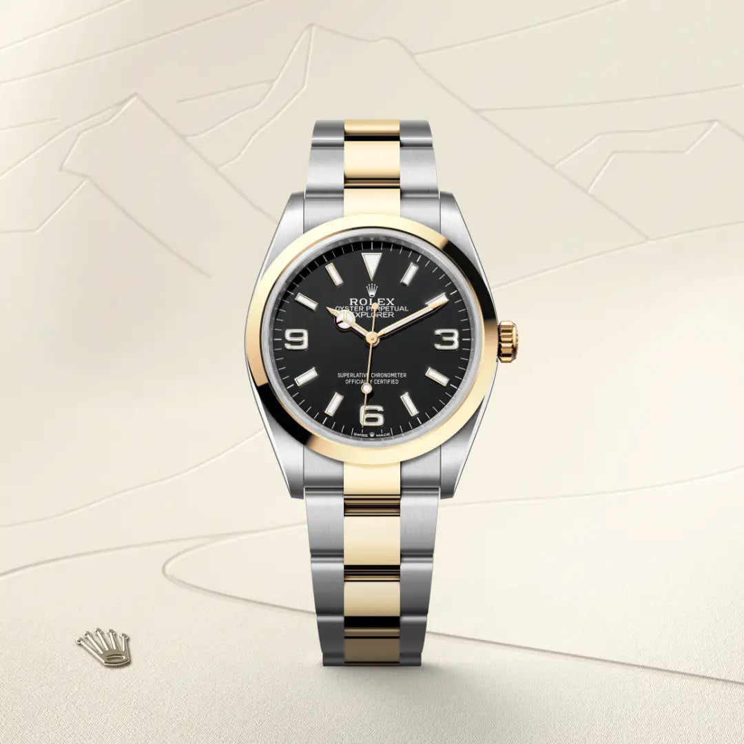 Rolex Explorer 36 in Yellow Rolesor - combination of Oystersteel and yellow gold with a Black dial, Smooth bezel, Oyster, three-piece solid links bracelet