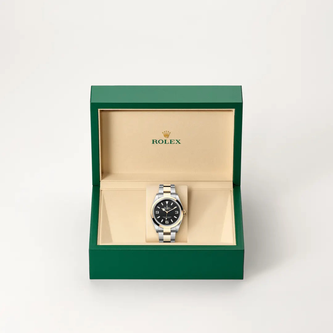 Rolex Explorer 36 in Yellow Rolesor - combination of Oystersteel and yellow gold with a Black dial, Smooth bezel, Oyster, three-piece solid links bracelet