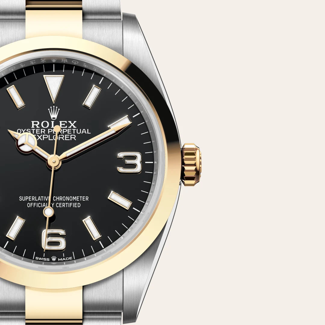 Rolex Explorer 36 in Yellow Rolesor - combination of Oystersteel and yellow gold with a Black dial, Smooth bezel, Oyster, three-piece solid links bracelet