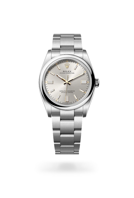 Rolex Oyster Perpetual 36 in Oystersteel with a Silver dial, Domed bezel, Oyster, three-piece solid links bracelet