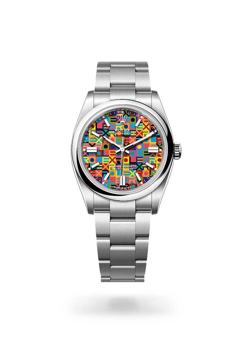 Rolex Oyster Perpetual 36 in Oystersteel with a Multicoloured, Jubilee motif dial, Domed bezel, Oyster, three-piece solid links bracelet