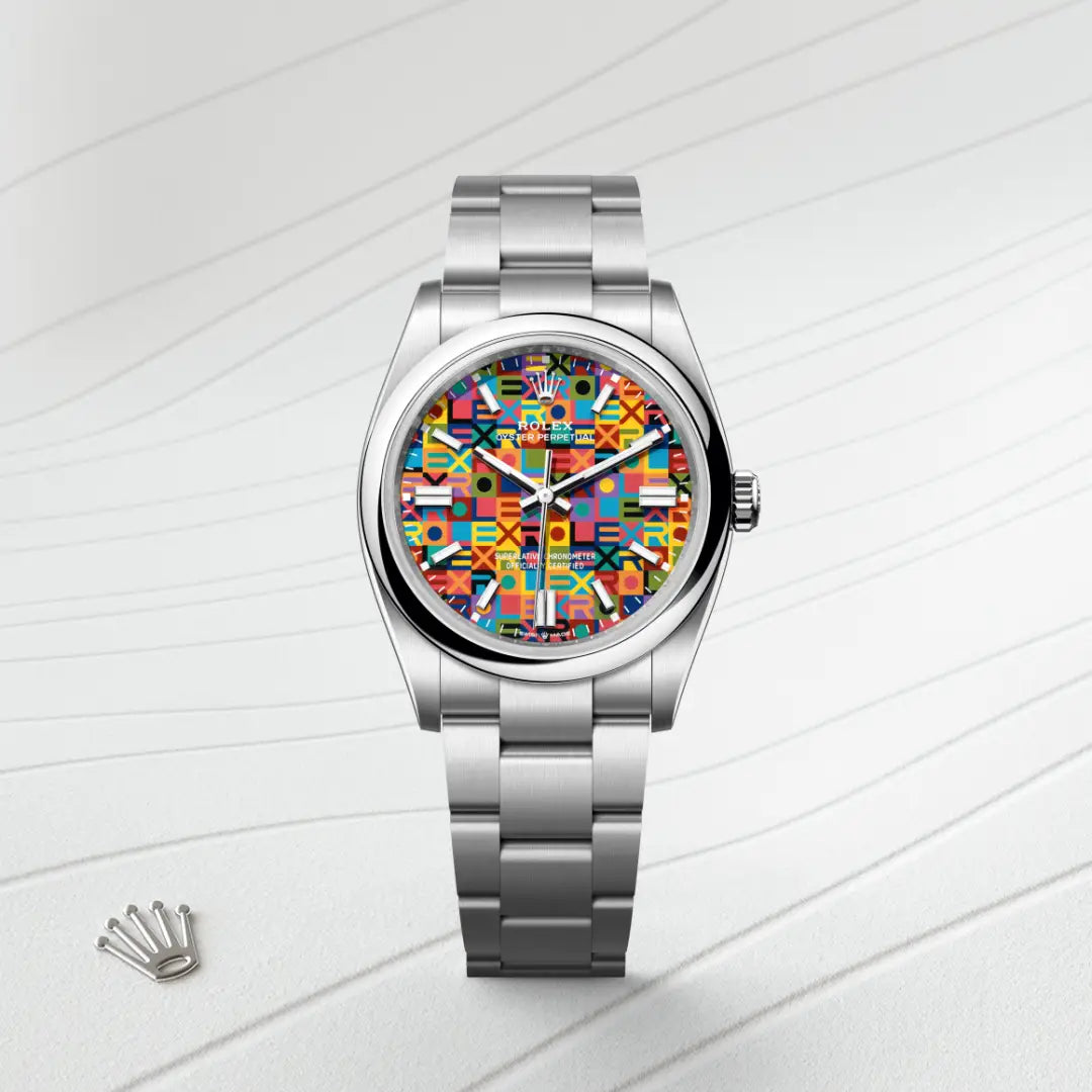 Rolex Oyster Perpetual 36 in Oystersteel with a Multicoloured, Jubilee motif dial, Domed bezel, Oyster, three-piece solid links bracelet
