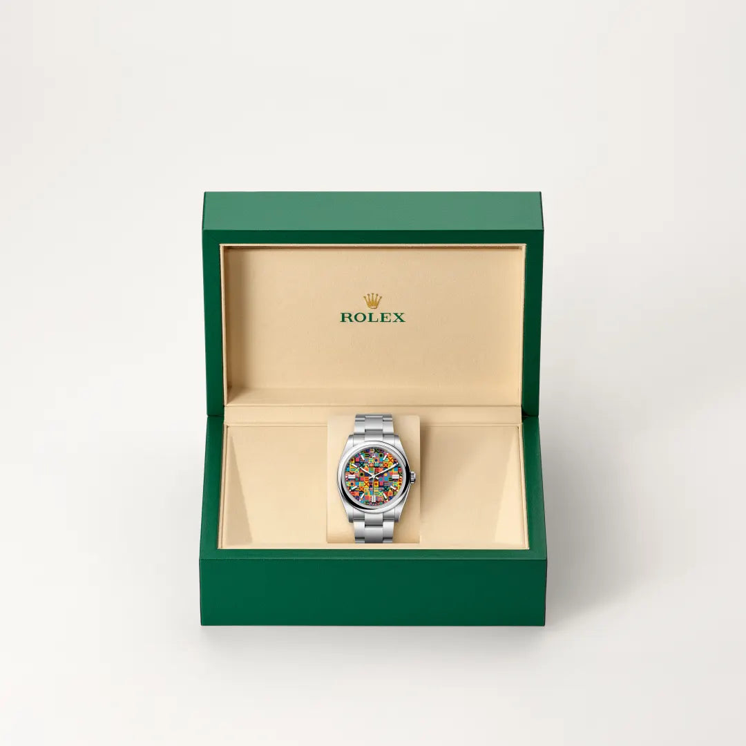 Rolex Oyster Perpetual 36 in Oystersteel with a Multicoloured, Jubilee motif dial, Domed bezel, Oyster, three-piece solid links bracelet
