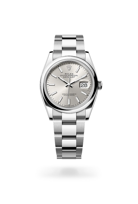 Rolex Datejust 36 in Oystersteel with a Silver dial, Domed bezel, Oyster, three-piece solid links bracelet