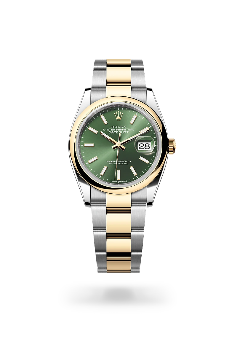 Rolex Datejust 36 in Yellow Rolesor - combination of Oystersteel and yellow gold with a Olive green dial, Domed bezel, Oyster, three-piece solid links bracelet