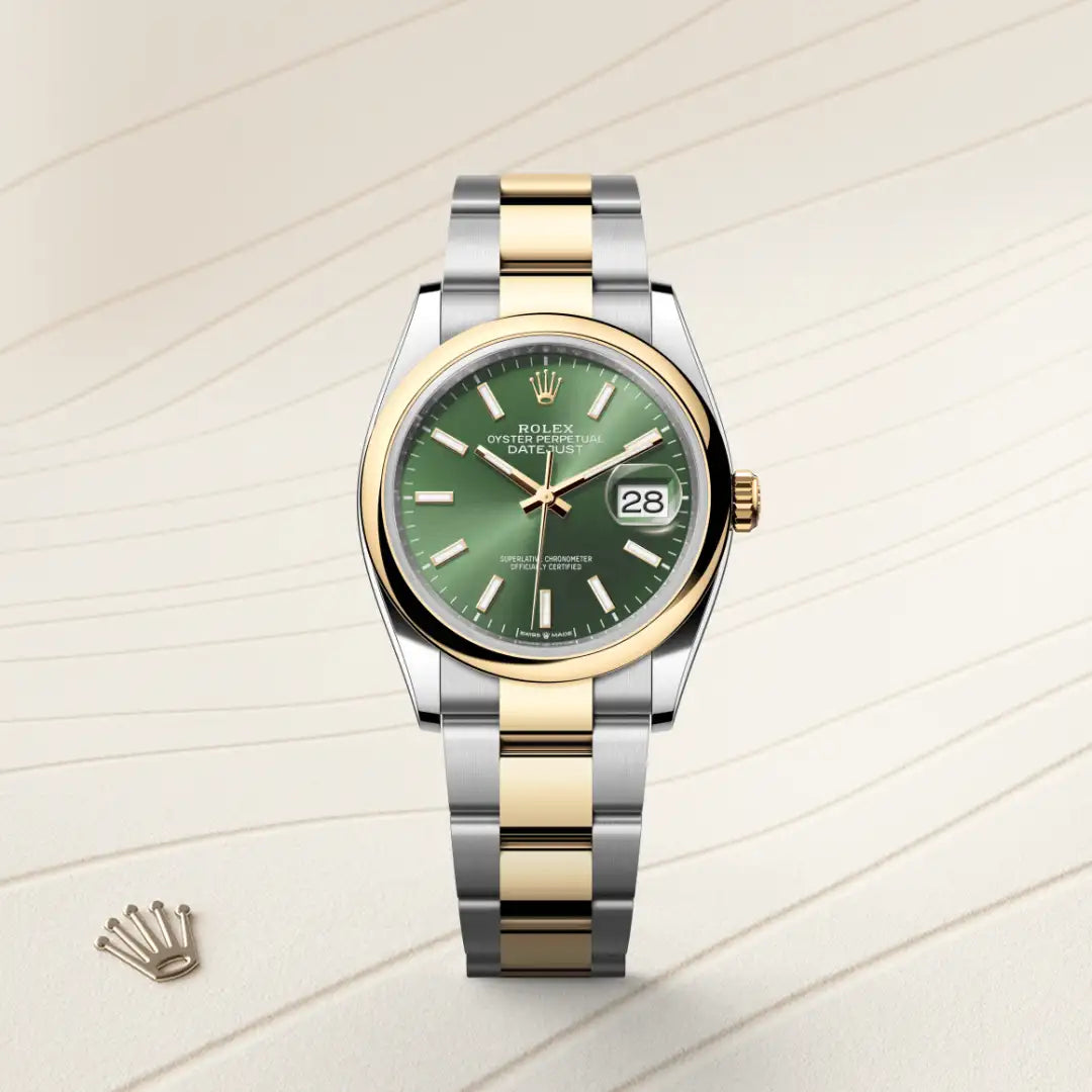 Rolex Datejust 36 in Yellow Rolesor - combination of Oystersteel and yellow gold with a Olive green dial, Domed bezel, Oyster, three-piece solid links bracelet
