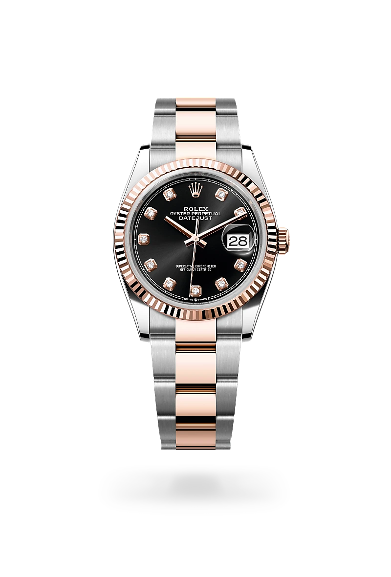 Rolex Datejust 36 in Everose Rolesor - combination of Oystersteel and Everose gold with a Bright black set with diamonds dial, Fluted bezel, Oyster, three-piece solid links bracelet