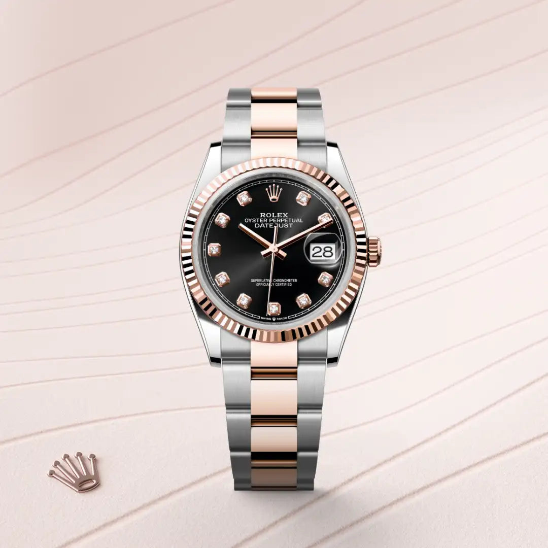 Rolex Datejust 36 in Everose Rolesor - combination of Oystersteel and Everose gold with a Bright black set with diamonds dial, Fluted bezel, Oyster, three-piece solid links bracelet