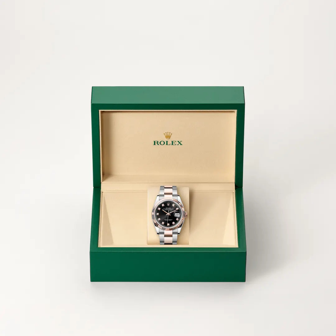 Rolex Datejust 36 in Everose Rolesor - combination of Oystersteel and Everose gold with a Bright black set with diamonds dial, Fluted bezel, Oyster, three-piece solid links bracelet