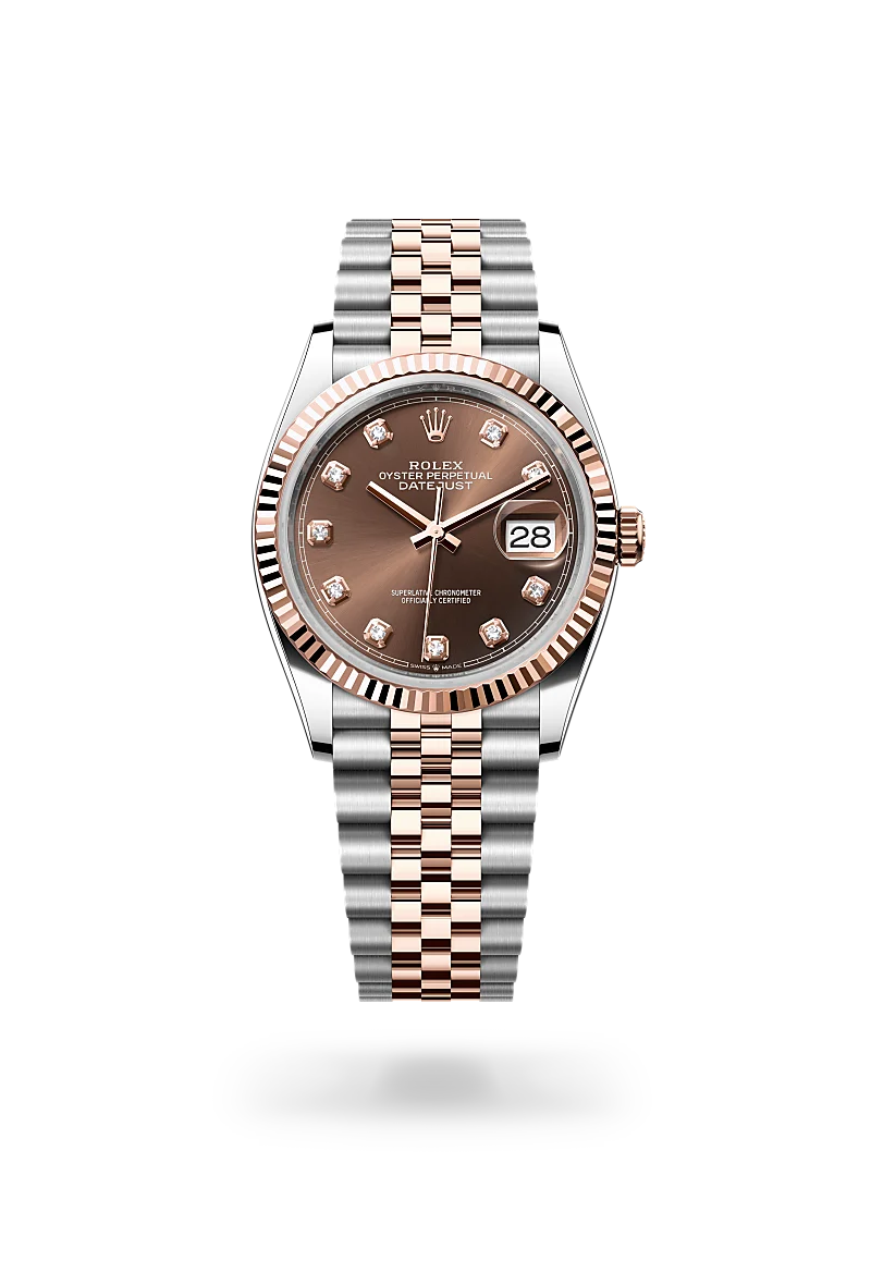 Rolex Datejust 36 in Everose Rolesor - combination of Oystersteel and Everose gold with a Chocolate set with diamonds dial, Fluted bezel, Jubilee, five-piece links bracelet