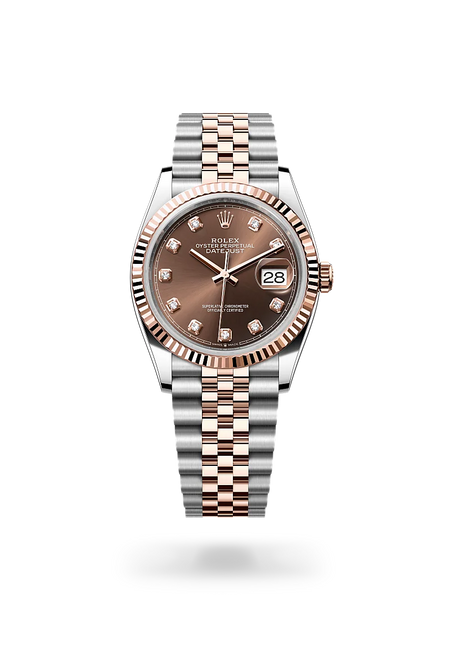Rolex Datejust 36 in Everose Rolesor - combination of Oystersteel and Everose gold with a Chocolate set with diamonds dial, Fluted bezel, Jubilee, five-piece links bracelet