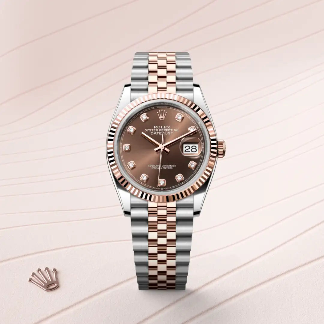 Rolex Datejust 36 in Everose Rolesor - combination of Oystersteel and Everose gold with a Chocolate set with diamonds dial, Fluted bezel, Jubilee, five-piece links bracelet