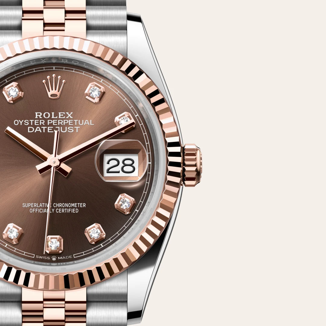 Rolex Datejust 36 in Everose Rolesor - combination of Oystersteel and Everose gold with a Chocolate set with diamonds dial, Fluted bezel, Jubilee, five-piece links bracelet