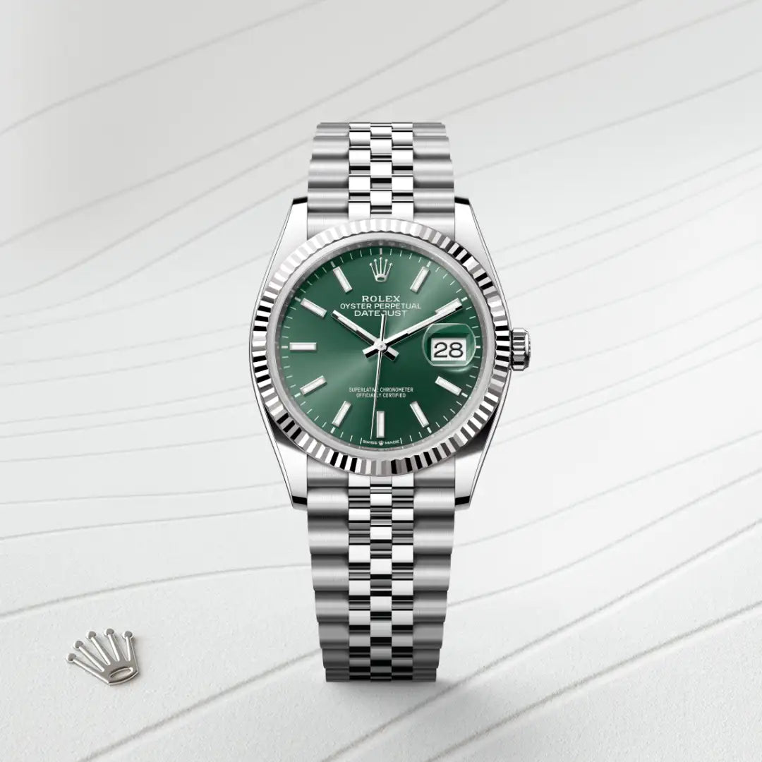 Rolex Datejust 36 in White Rolesor - combination of Oystersteel and white gold with a Mint green dial, Fluted bezel, Jubilee, five-piece links bracelet