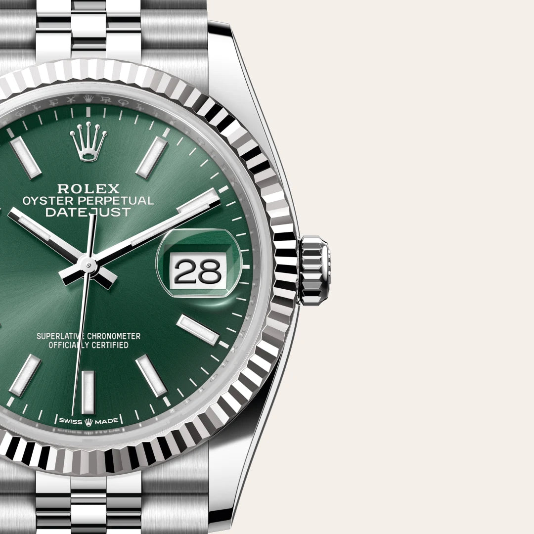 Rolex Datejust 36 in White Rolesor - combination of Oystersteel and white gold with a Mint green dial, Fluted bezel, Jubilee, five-piece links bracelet