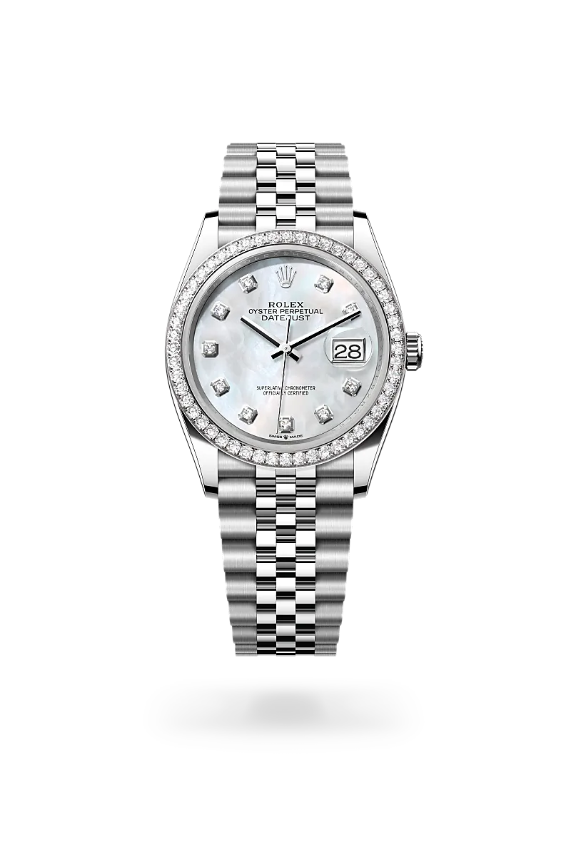 Rolex Datejust 36 in White Rolesor - combination of Oystersteel and white gold with a White mother-of-pearl set with diamonds dial, Diamond-set bezel, Jubilee, five-piece links bracelet