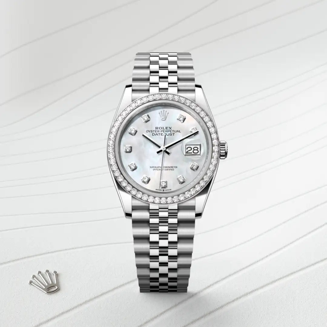 Rolex Datejust 36 in White Rolesor - combination of Oystersteel and white gold with a White mother-of-pearl set with diamonds dial, Diamond-set bezel, Jubilee, five-piece links bracelet
