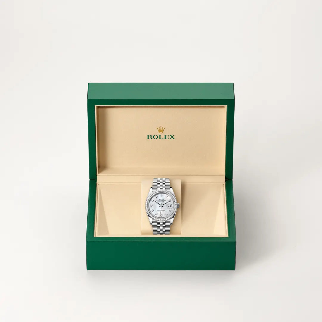 Rolex Datejust 36 in White Rolesor - combination of Oystersteel and white gold with a White mother-of-pearl set with diamonds dial, Diamond-set bezel, Jubilee, five-piece links bracelet