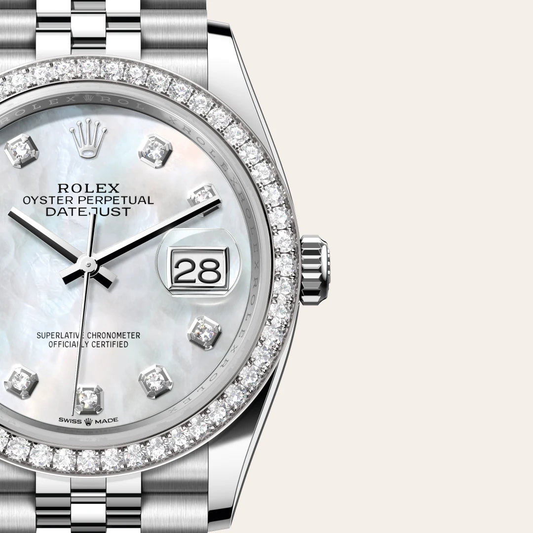 Rolex Datejust 36 in White Rolesor - combination of Oystersteel and white gold with a White mother-of-pearl set with diamonds dial, Diamond-set bezel, Jubilee, five-piece links bracelet