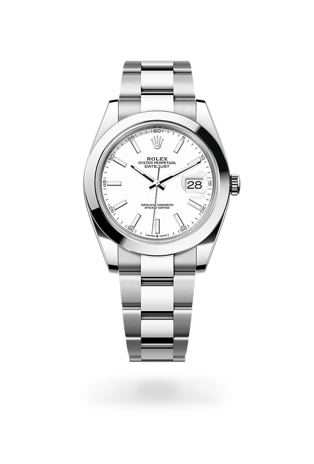 Rolex Datejust 41 in Oystersteel with a White dial, Smooth bezel, Oyster, three-piece solid links bracelet