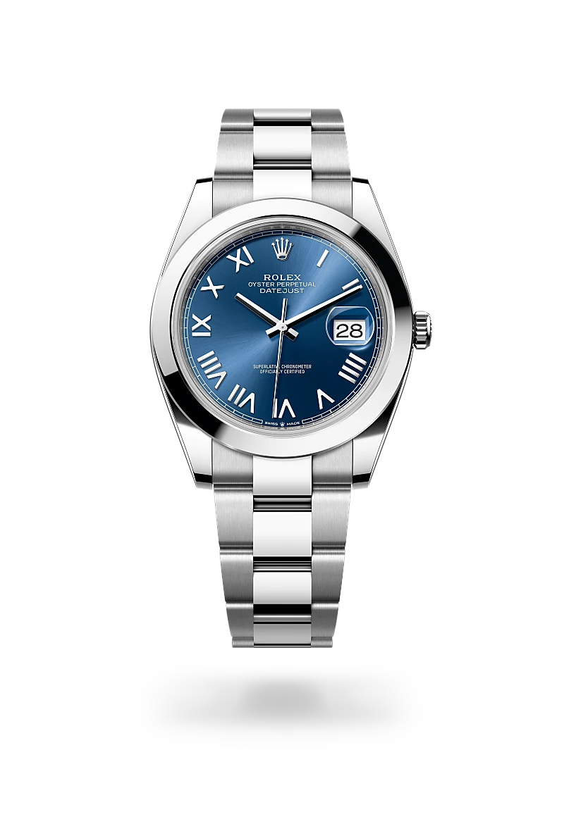 Rolex Datejust 41 in Oystersteel with a Bright blue dial, Smooth bezel, Oyster, three-piece solid links bracelet