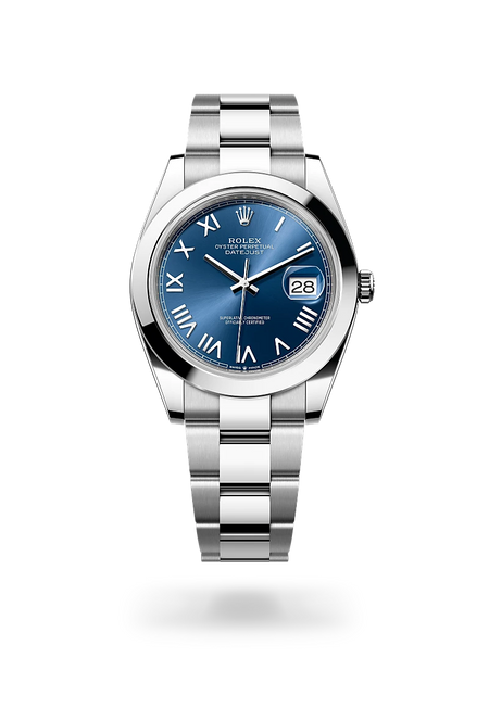 Rolex Datejust 41 in Oystersteel with a Bright blue dial, Smooth bezel, Oyster, three-piece solid links bracelet