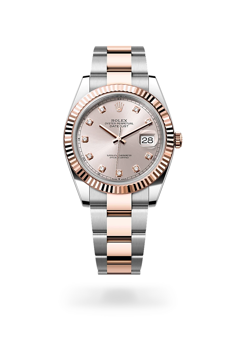Rolex Datejust 41 in Everose Rolesor - combination of Oystersteel and Everose gold with a Sundust set with diamonds dial, Fluted bezel, Oyster, three-piece solid links bracelet