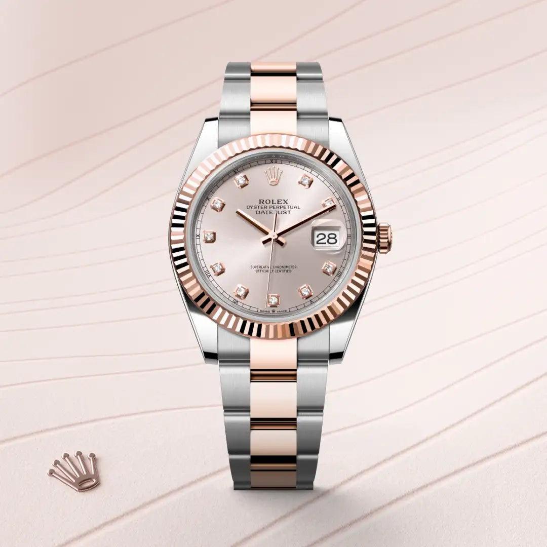 Rolex Datejust 41 in Everose Rolesor - combination of Oystersteel and Everose gold with a Sundust set with diamonds dial, Fluted bezel, Oyster, three-piece solid links bracelet