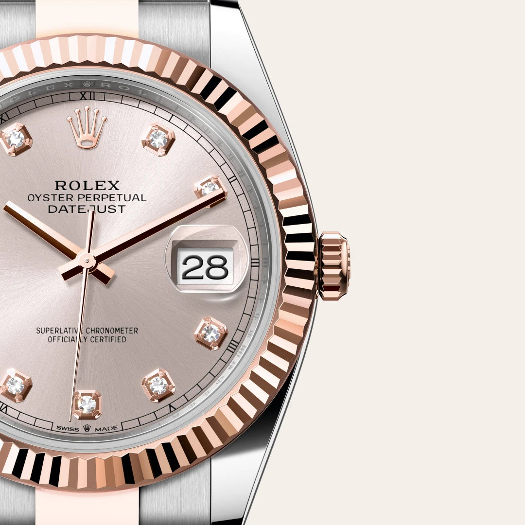 Rolex Datejust 41 in Everose Rolesor - combination of Oystersteel and Everose gold with a Sundust set with diamonds dial, Fluted bezel, Oyster, three-piece solid links bracelet