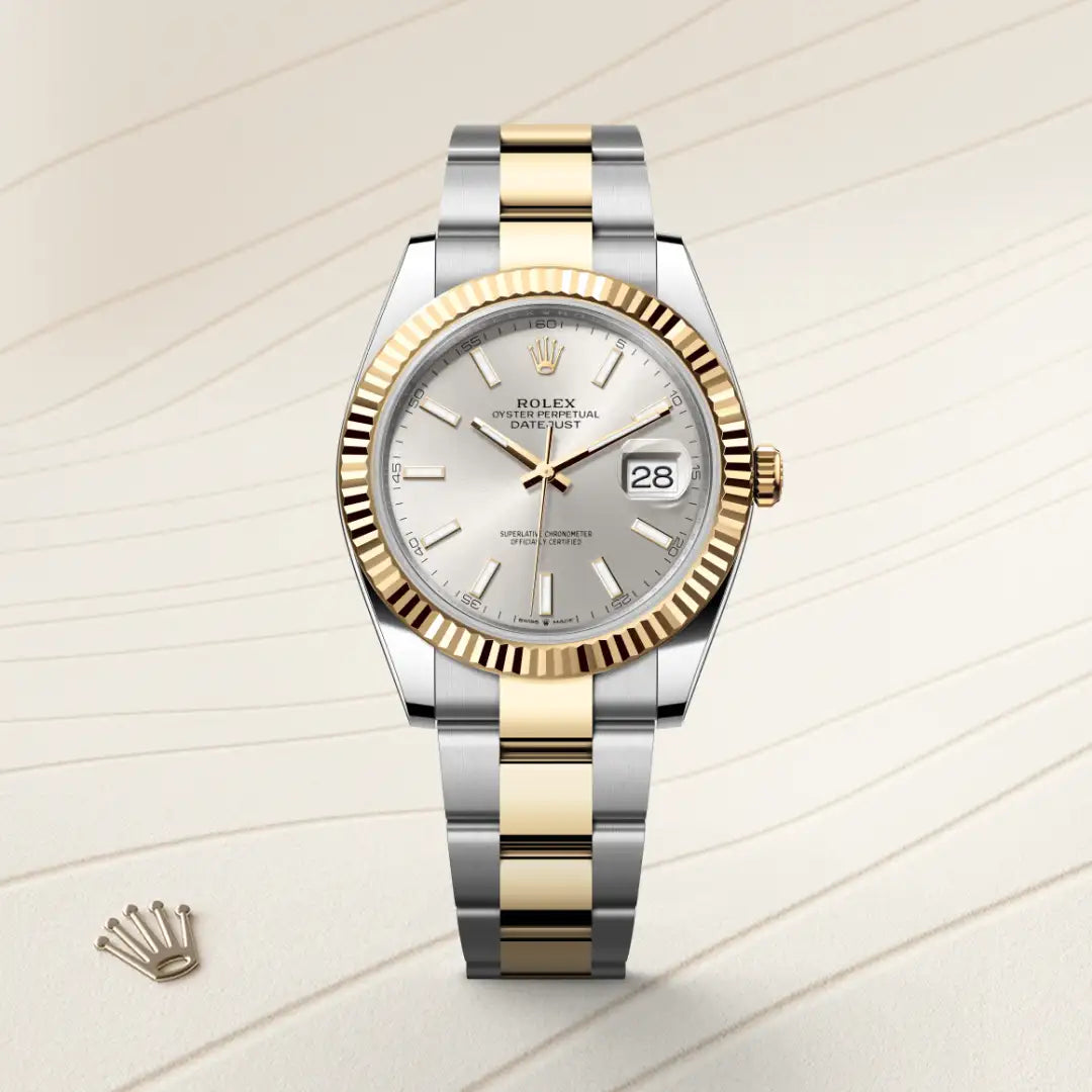 Rolex Datejust 41 in Yellow Rolesor - combination of Oystersteel and yellow gold with a Silver dial, Fluted bezel, Oyster, three-piece solid links bracelet