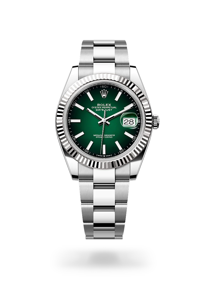 Rolex Datejust 41 in White Rolesor - combination of Oystersteel and white gold with a Green ombré dial, Fluted bezel, Oyster, three-piece solid links bracelet