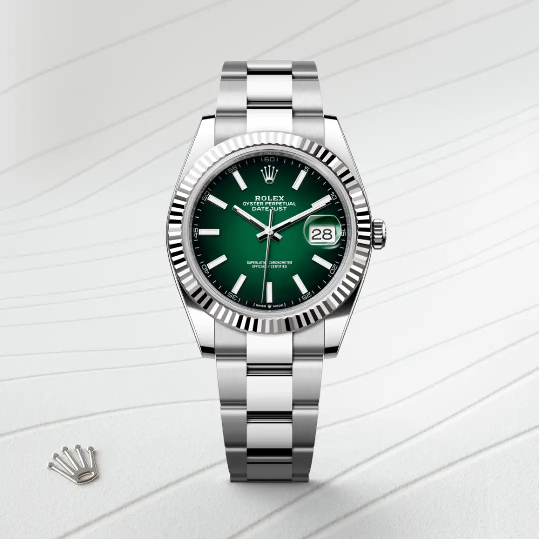 Rolex Datejust 41 in White Rolesor - combination of Oystersteel and white gold with a Green ombré dial, Fluted bezel, Oyster, three-piece solid links bracelet
