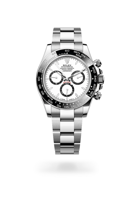 Rolex Cosmograph Daytona in Oystersteel with a White, black counter rings dial, Black monobloc Cerachrom bezel in ceramic with moulded tachymetric scale bezel, Oyster, three-piece solid links bracelet