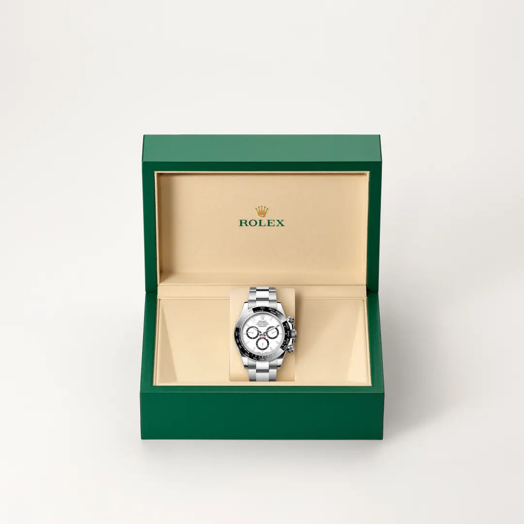 Rolex Cosmograph Daytona in Oystersteel with a White, black counter rings dial, Black monobloc Cerachrom bezel in ceramic with moulded tachymetric scale bezel, Oyster, three-piece solid links bracelet