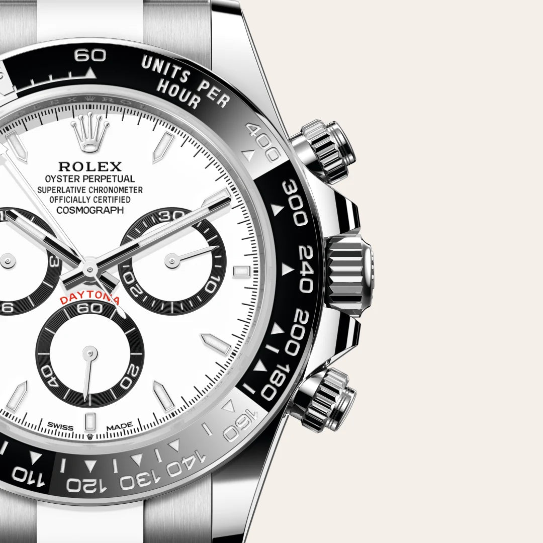 Rolex Cosmograph Daytona in Oystersteel with a White, black counter rings dial, Black monobloc Cerachrom bezel in ceramic with moulded tachymetric scale bezel, Oyster, three-piece solid links bracelet