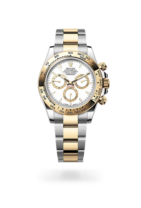 Rolex Cosmograph Daytona in Yellow Rolesor - combination of Oystersteel and yellow gold with a White, golden counter rings dial, Fixed, with engraved tachymetric scale, in yellow gold bezel, Oyster, three-piece solid links bracelet
