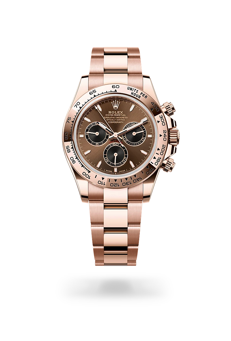Rolex Cosmograph Daytona in 18 ct Everose gold with a Bright chocolate and black dial, Fixed, with engraved tachymetric scale, in 18 ct Everose gold bezel, Oyster, three-piece solid links bracelet