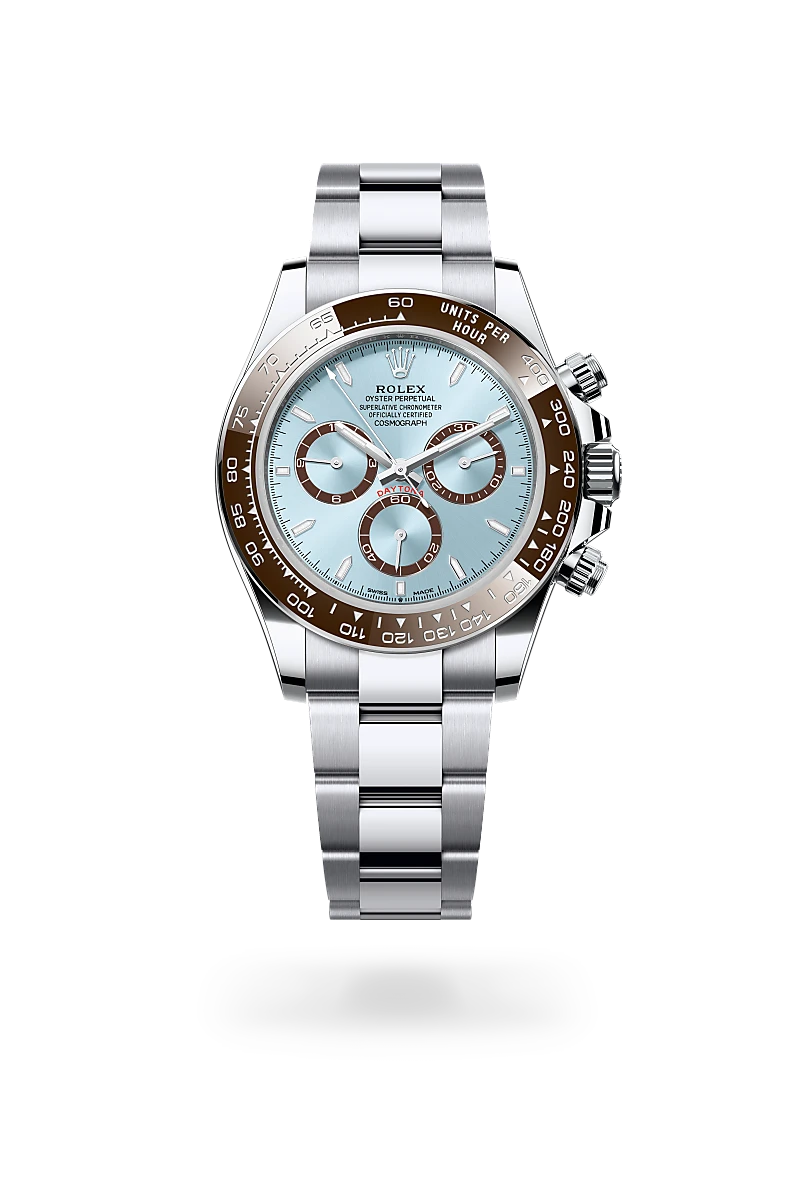 Rolex Cosmograph Daytona in Platinum with a Ice blue, chestnut brown counter rings dial, Chestnut brown monobloc Cerachrom bezel in ceramic with moulded numerals and graduations bezel, Oyster, three-piece solid links bracelet