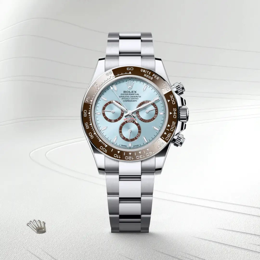 Rolex Cosmograph Daytona in Platinum with a Ice blue, chestnut brown counter rings dial, Chestnut brown monobloc Cerachrom bezel in ceramic with moulded numerals and graduations bezel, Oyster, three-piece solid links bracelet