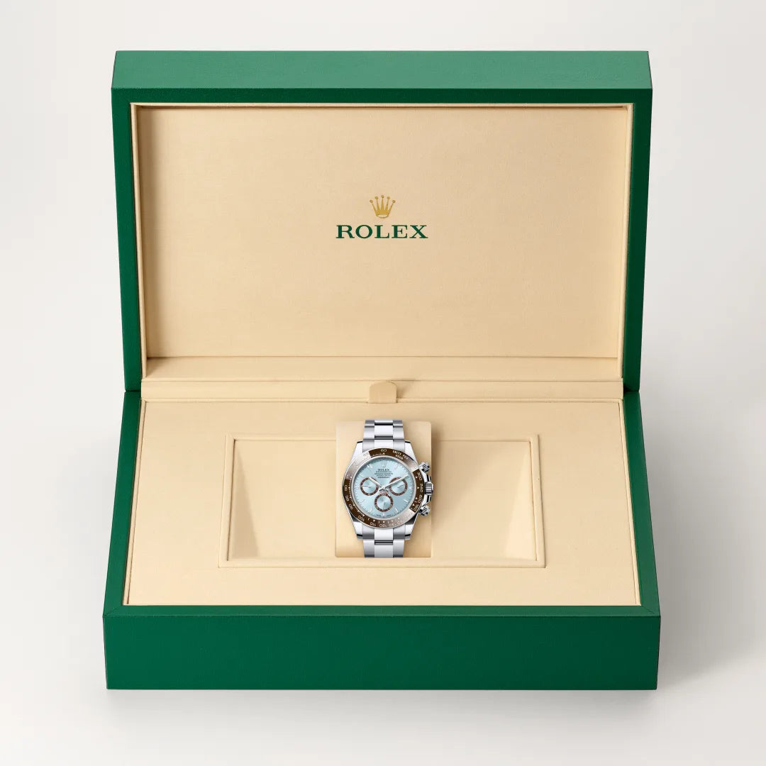 Rolex Cosmograph Daytona in Platinum with a Ice blue, chestnut brown counter rings dial, Chestnut brown monobloc Cerachrom bezel in ceramic with moulded numerals and graduations bezel, Oyster, three-piece solid links bracelet