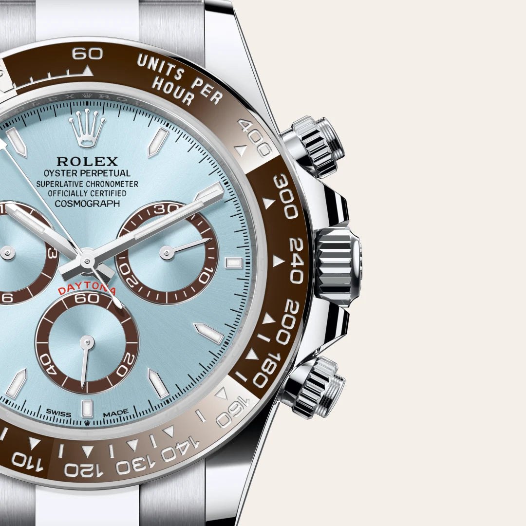 Rolex Cosmograph Daytona in Platinum with a Ice blue, chestnut brown counter rings dial, Chestnut brown monobloc Cerachrom bezel in ceramic with moulded numerals and graduations bezel, Oyster, three-piece solid links bracelet