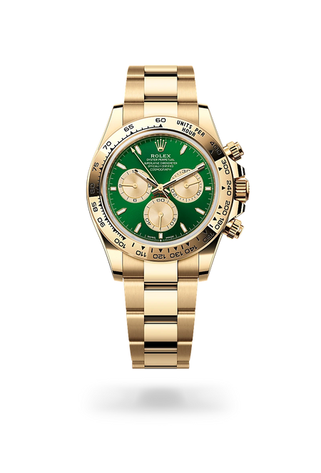 Rolex Cosmograph Daytona in 18 ct yellow gold with a Bright green and golden dial, Fixed, with engraved tachymetric scale, in 18 ct yellow gold bezel, Oyster, three-piece solid links bracelet