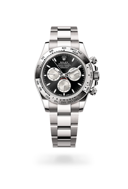 Rolex Cosmograph Daytona in 18 ct white gold with a Bright black and steel dial, Fixed, with engraved tachymetric scale, in 18 ct white gold bezel, Oyster, three-piece solid links bracelet