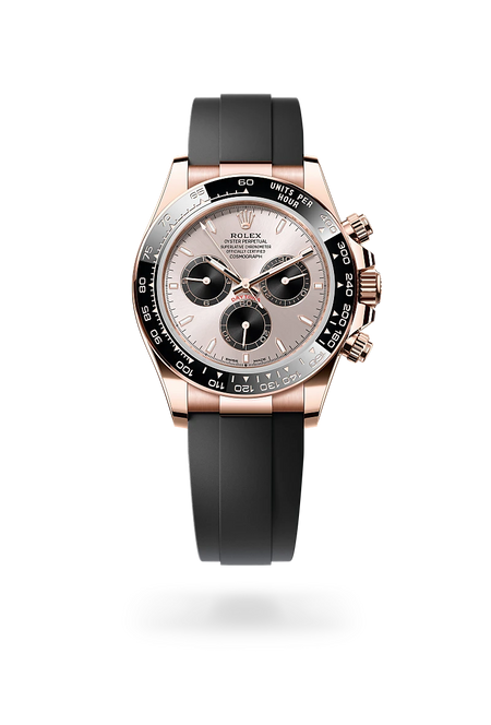 Rolex Cosmograph Daytona in 18 ct Everose gold with a Sundust and bright black dial, Black monobloc Cerachrom bezel in ceramic with moulded tachymetric scale bezel, Oysterflex bracelet