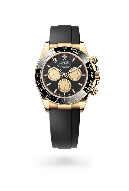 Rolex Cosmograph Daytona in 18 ct yellow gold with a Intense black and champagne-colour dial, Black monobloc Cerachrom bezel in ceramic with moulded tachymetric scale bezel, Oysterflex bracelet