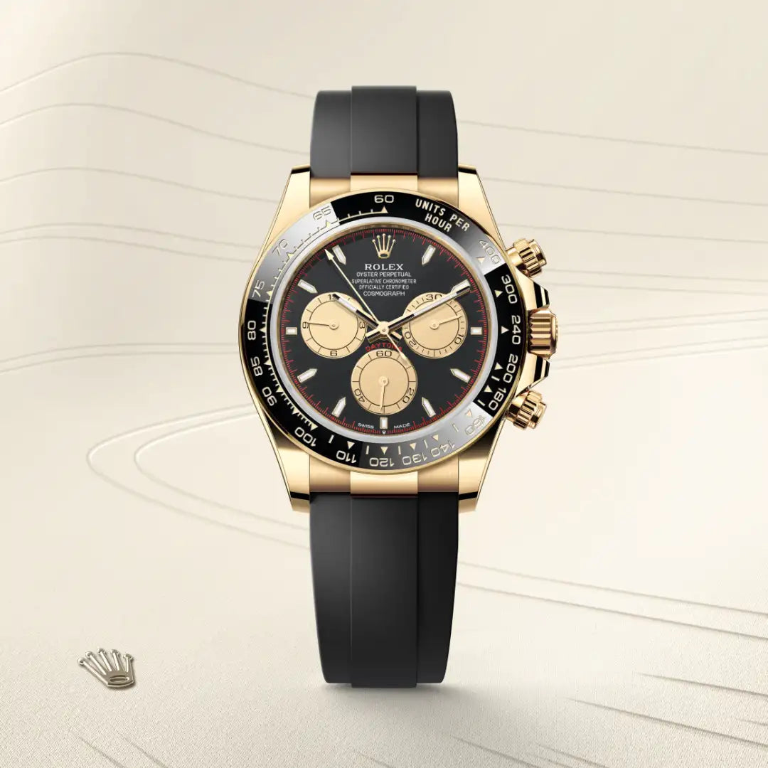 Rolex Cosmograph Daytona in 18 ct yellow gold with a Intense black and champagne-colour dial, Black monobloc Cerachrom bezel in ceramic with moulded tachymetric scale bezel, Oysterflex bracelet