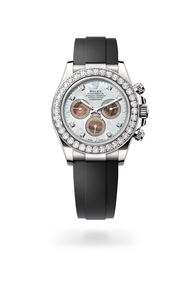 Rolex Cosmograph Daytona in 18 ct white gold with a White and black mother-of-pearl set with diamonds dial, Set with diamonds bezel, Oysterflex bracelet