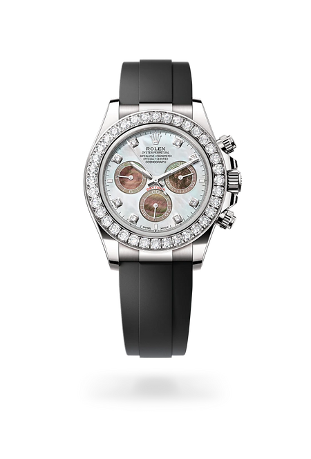 Rolex Cosmograph Daytona in 18 ct white gold with a White and black mother-of-pearl set with diamonds dial, Set with diamonds bezel, Oysterflex bracelet